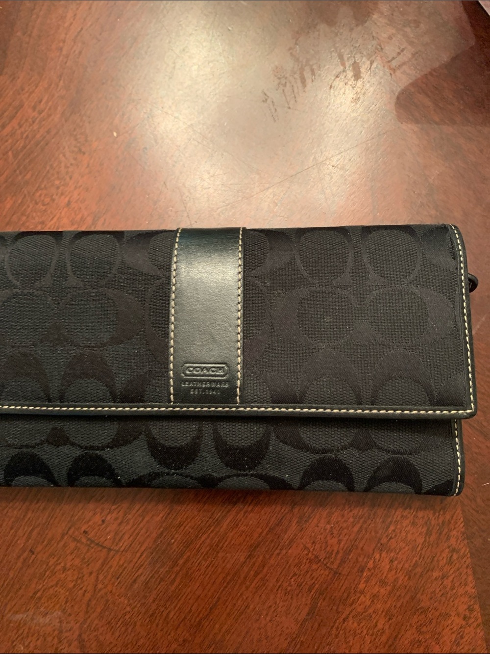 Coach Black Trifold Wallet with Signature Jacquard Panel